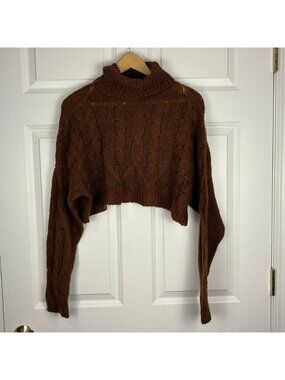 Cropped Turtleneck Cable Knit Sweater Beige Botany Fall Cottagecore Oversized S